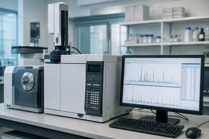 GC–MS laboratóriumi műszer számítógépes kromatogrammal illóolajok kémiai elemzéséhez.