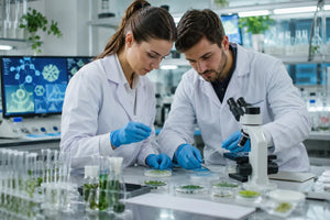 Kutatók laboratóriumban mikroszkóppal és sejttenyészetekkel dolgoznak egy tudományos vizsgálat során