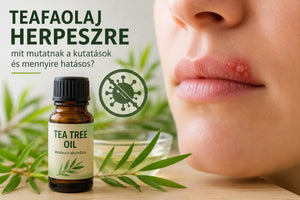 Teafaolaj herpeszre témájú illusztráció ajakherpesszel és teafaolajos üveggel