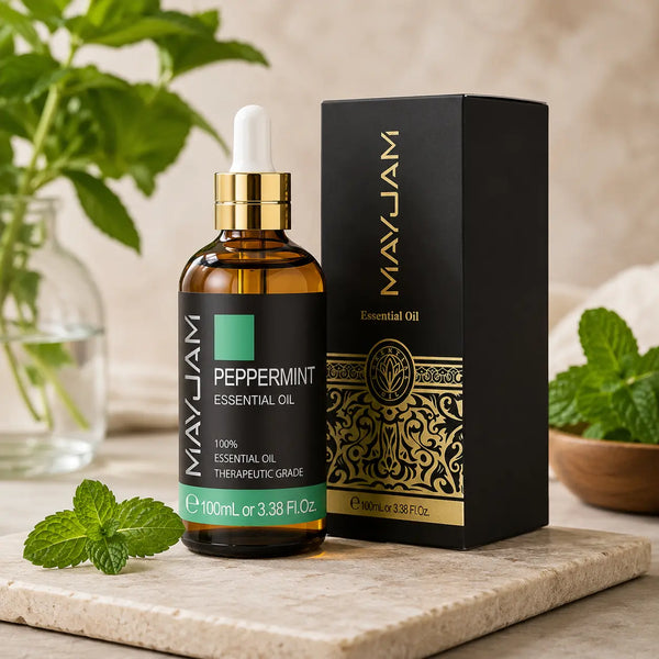 100 ml-es borsmenta illóolaj borostyánszínű üvegben fekete-arany pipettás kupakkal és díszdobozzal