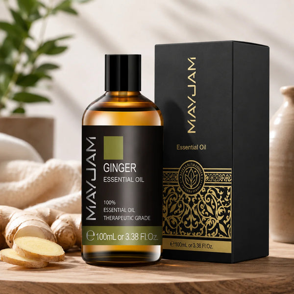 100 ml-es gyömbér illóolaj borostyánszínű üvegben fekete kupakkal és fekete prémium díszdobozzal.
