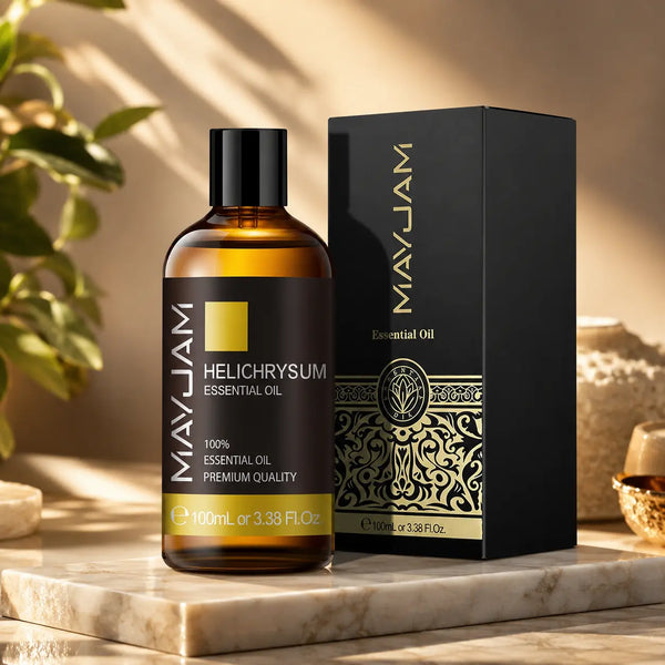 Helichrysum (szalmagyopár) illóolaj 100 ml prémium termékfotó fekete dobozzal.