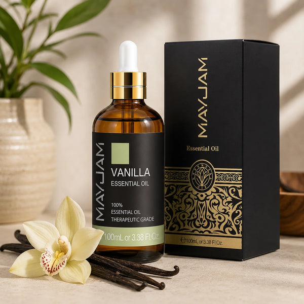 100 ml vanília illóolaj borostyánszínű üvegben fekete díszdoboz mellett